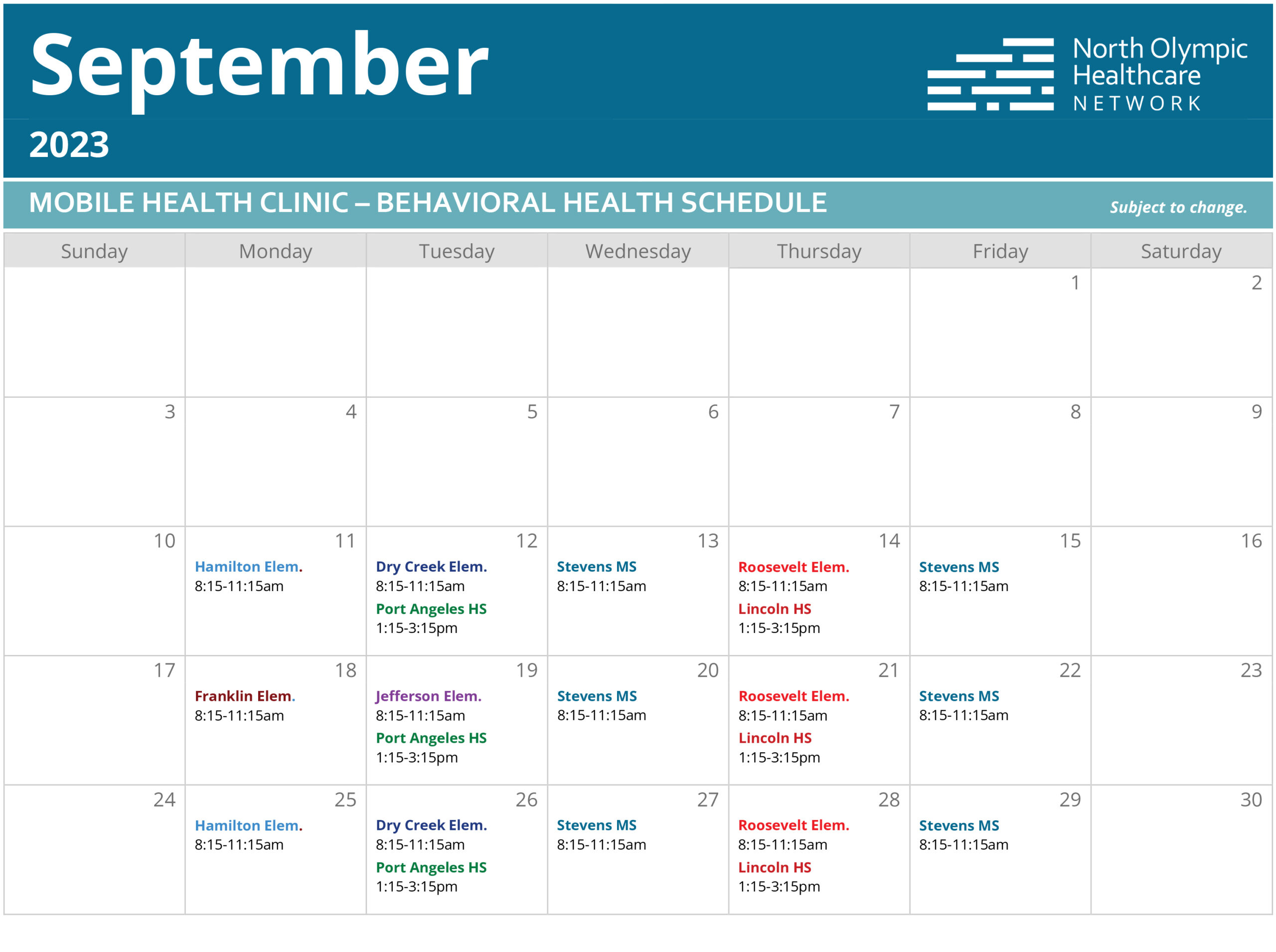 Calendar of Mobile Health Clinic visits in September 2023.