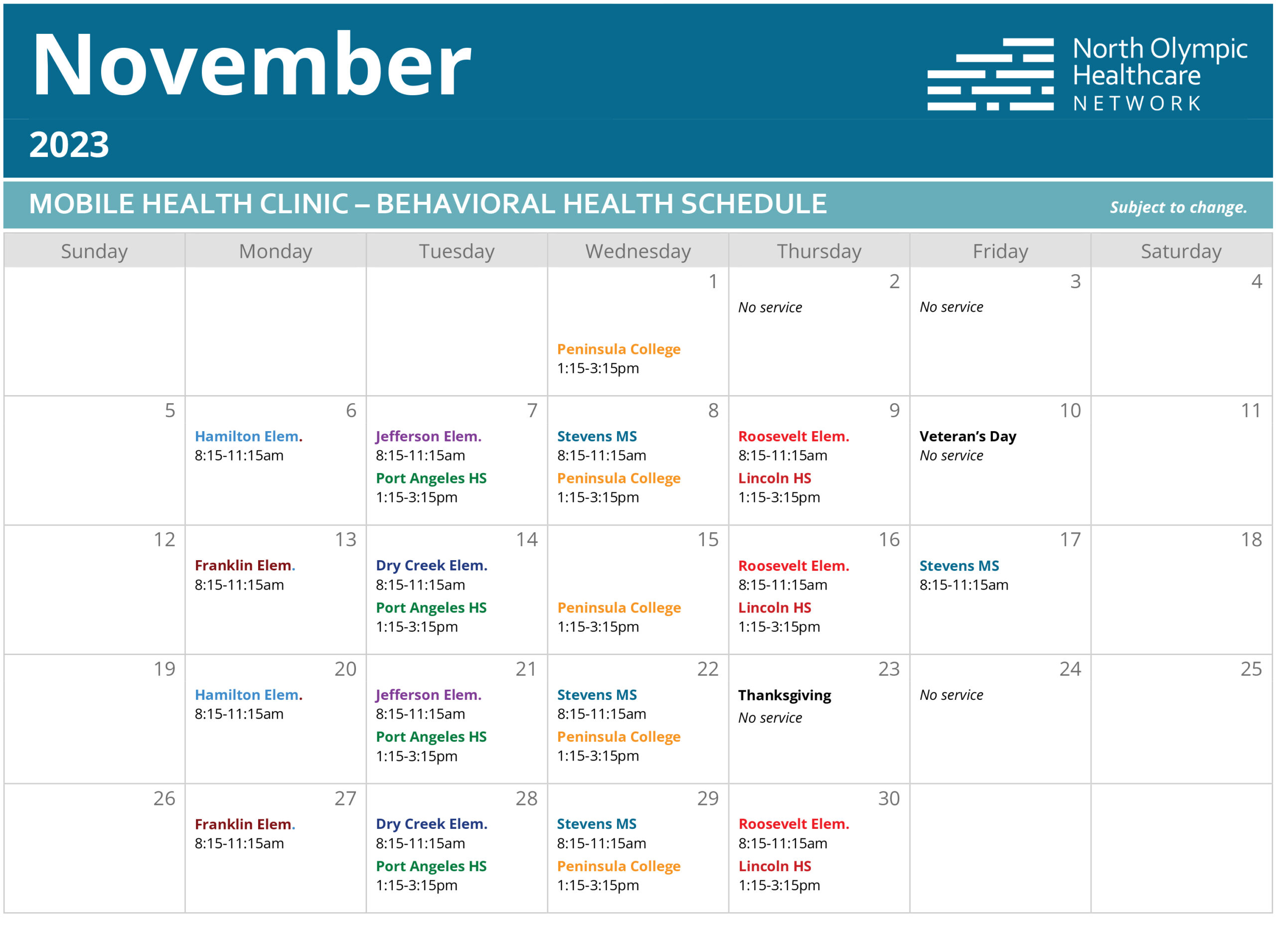 Calendar of Mobile Health Clinic visits in November 2023.