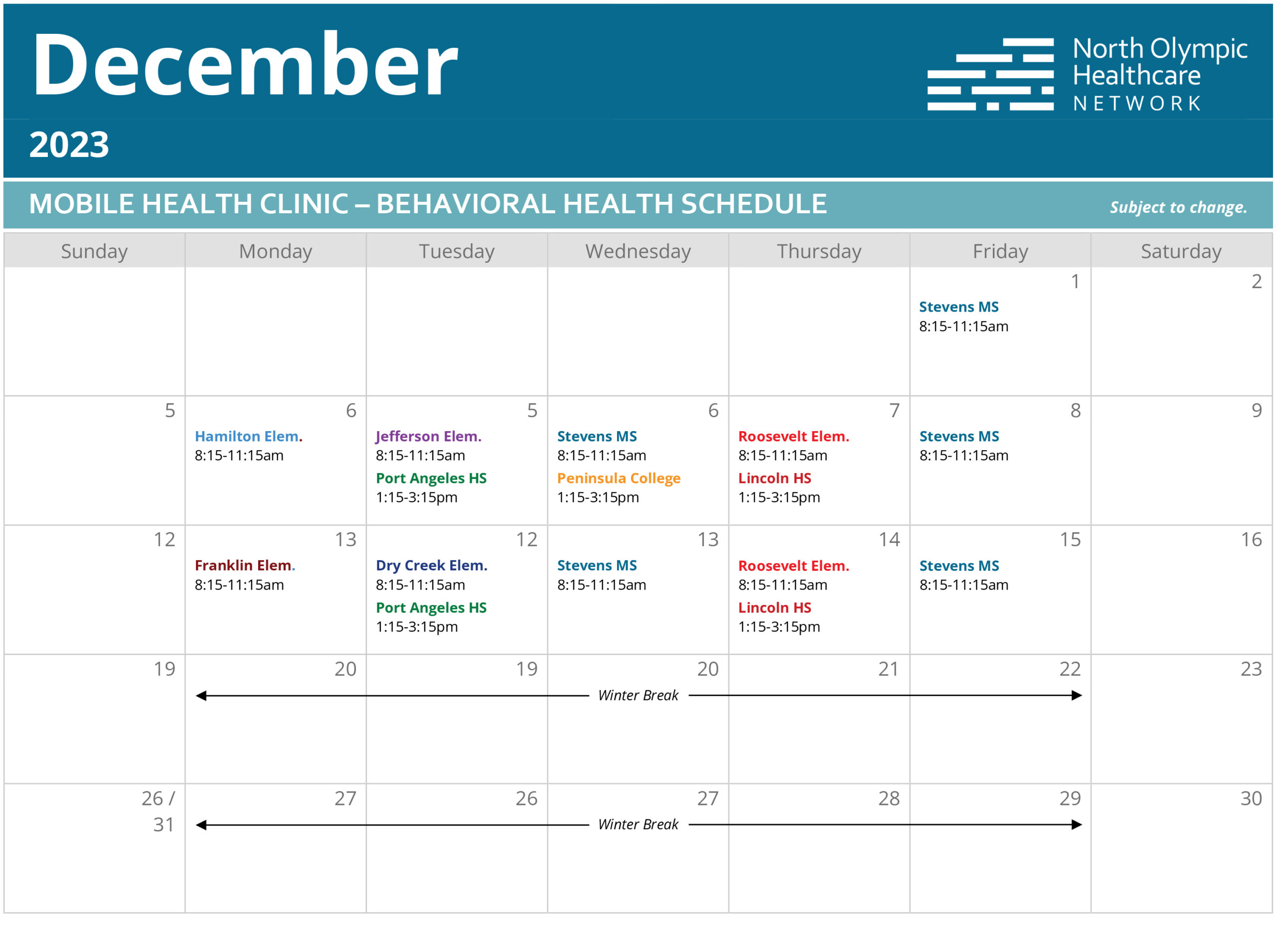 Calendar of Mobile Health Clinic visits in December 2023.