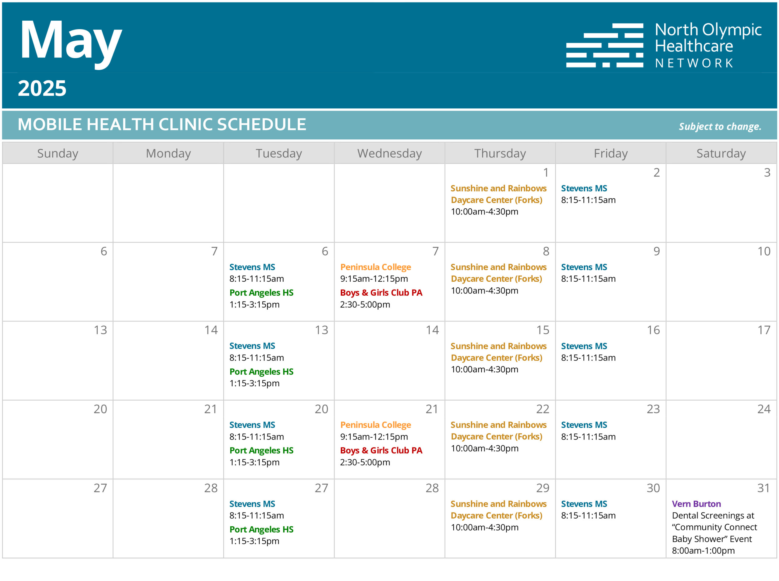 Calendario de visitas de la Clínica Móvil de Salud en mayo de 2025.