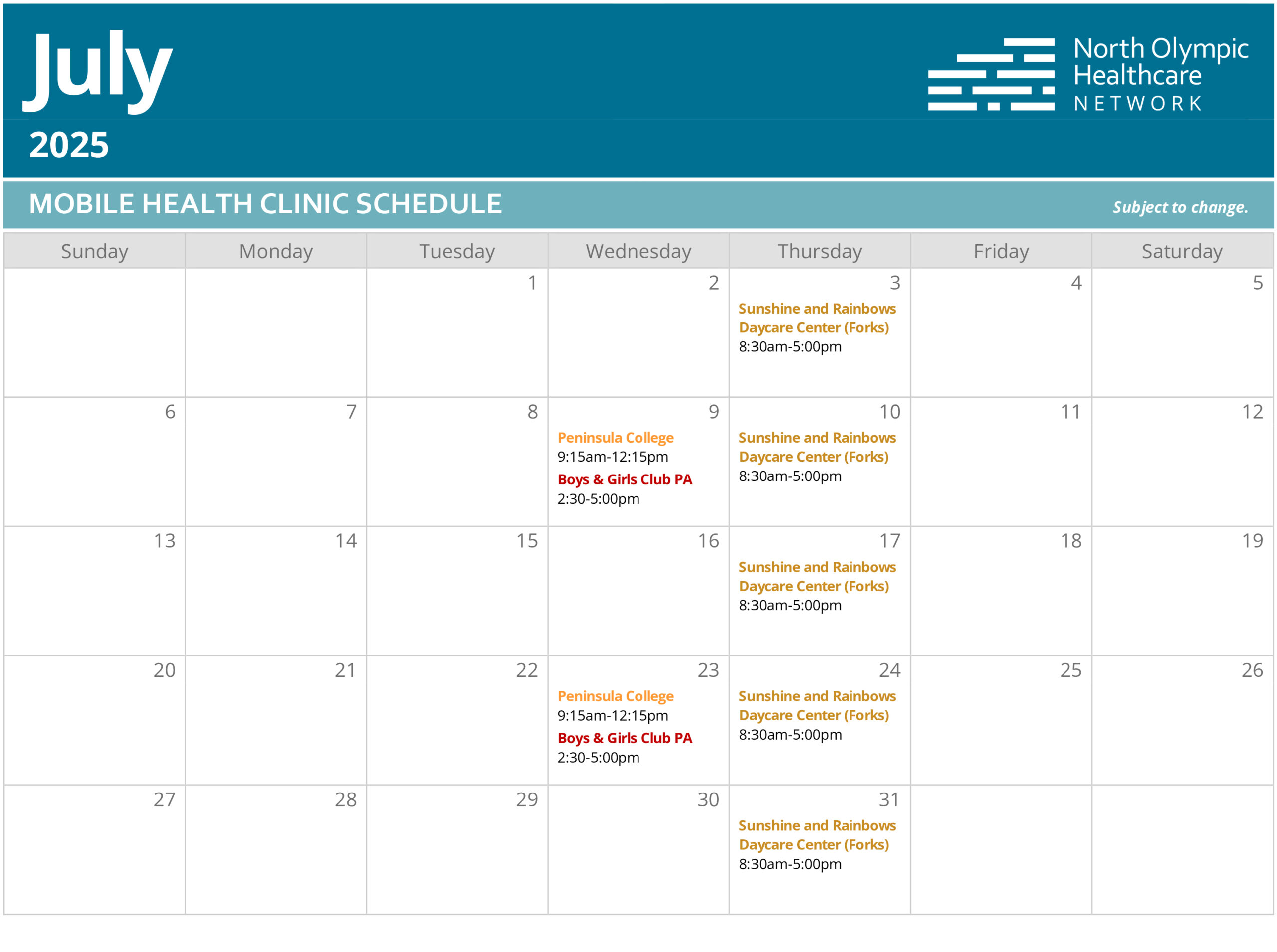 Calendar of Mobile Health Clinic visits in July 2025.