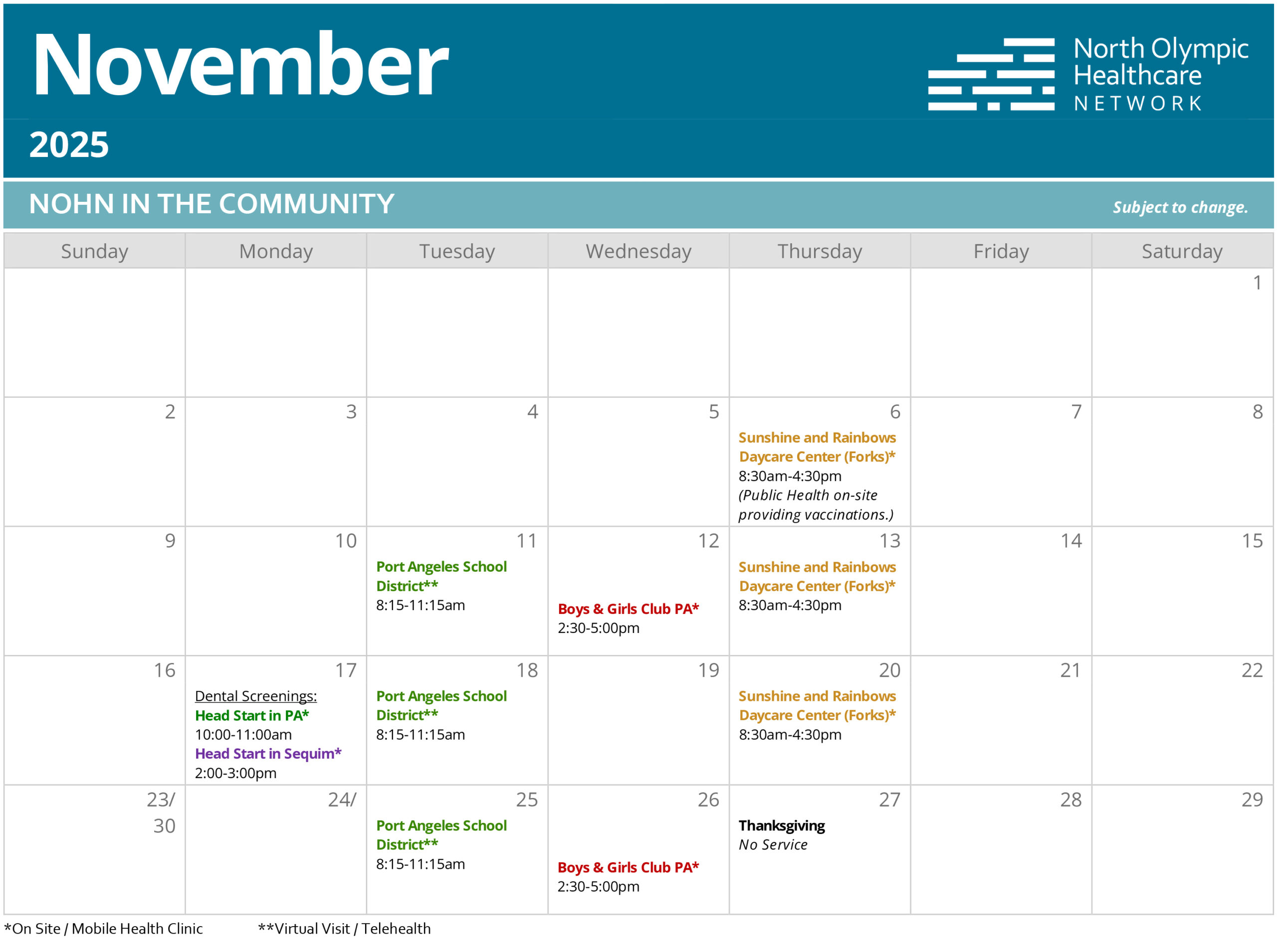 Mobile-Health-Clinic-Schedule-Nov-25 Calendar of Mobile Health Clinic visits in November 2025.
