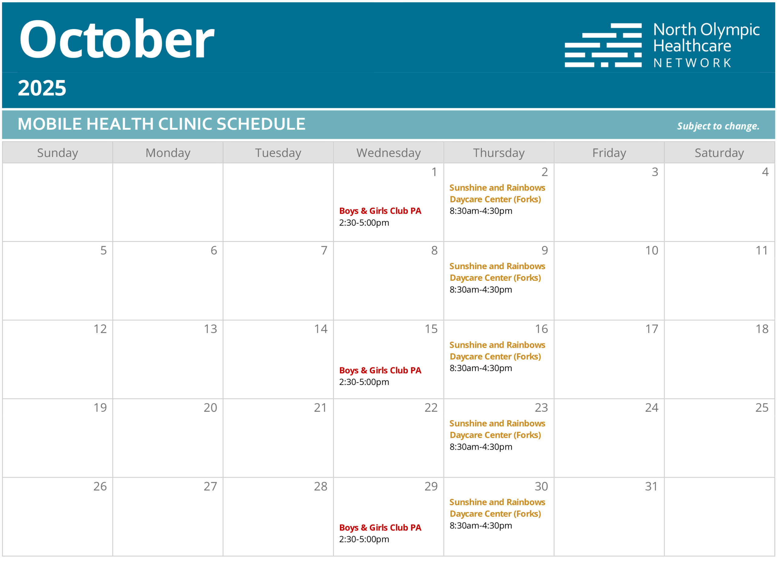 Calendar of Mobile Health Clinic visits in October 2025.