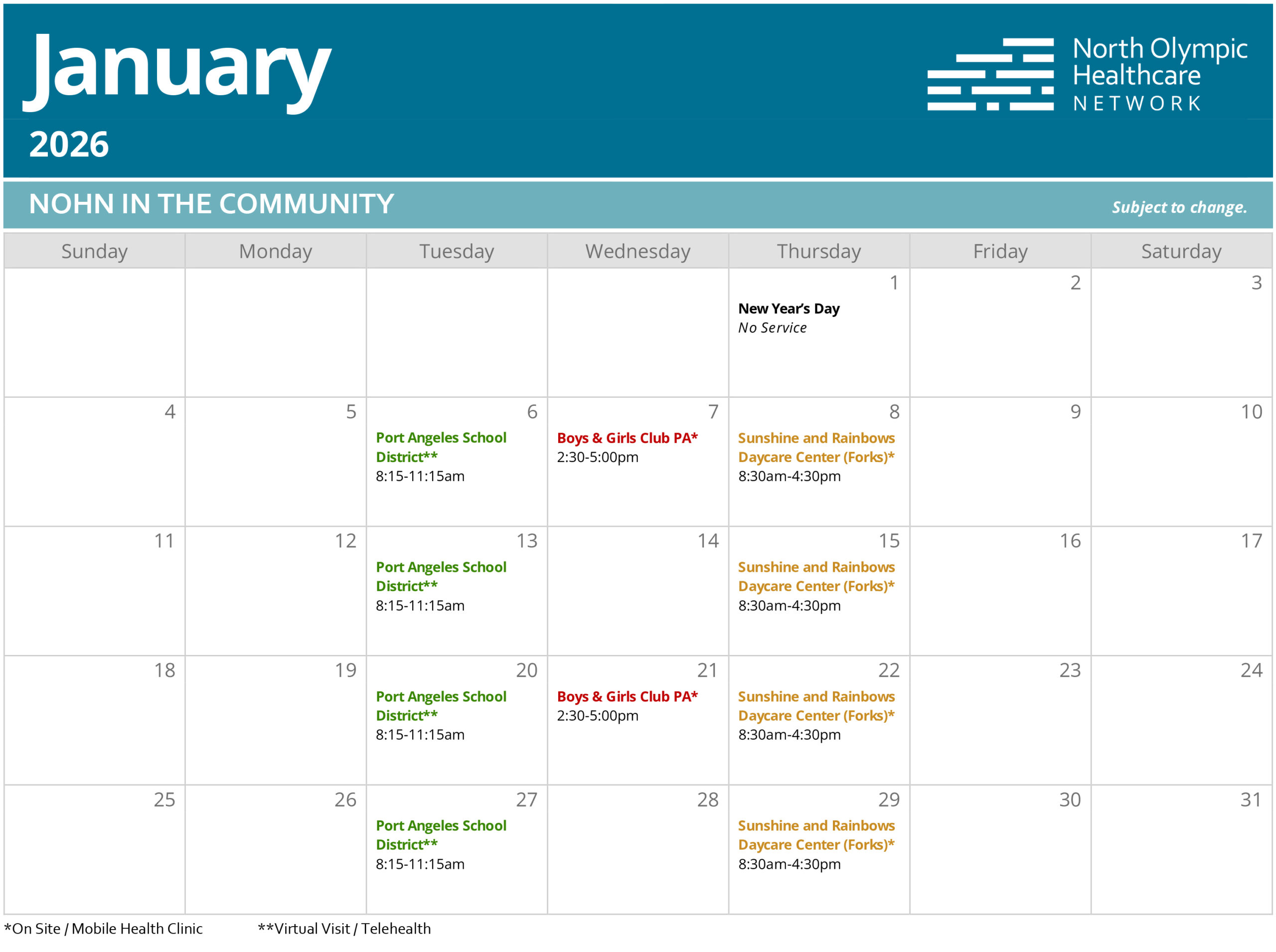 Mobile-Health-Clinic-Schedule-Jan-26 Calendar of Mobile Health Clinic visits in January 2026.