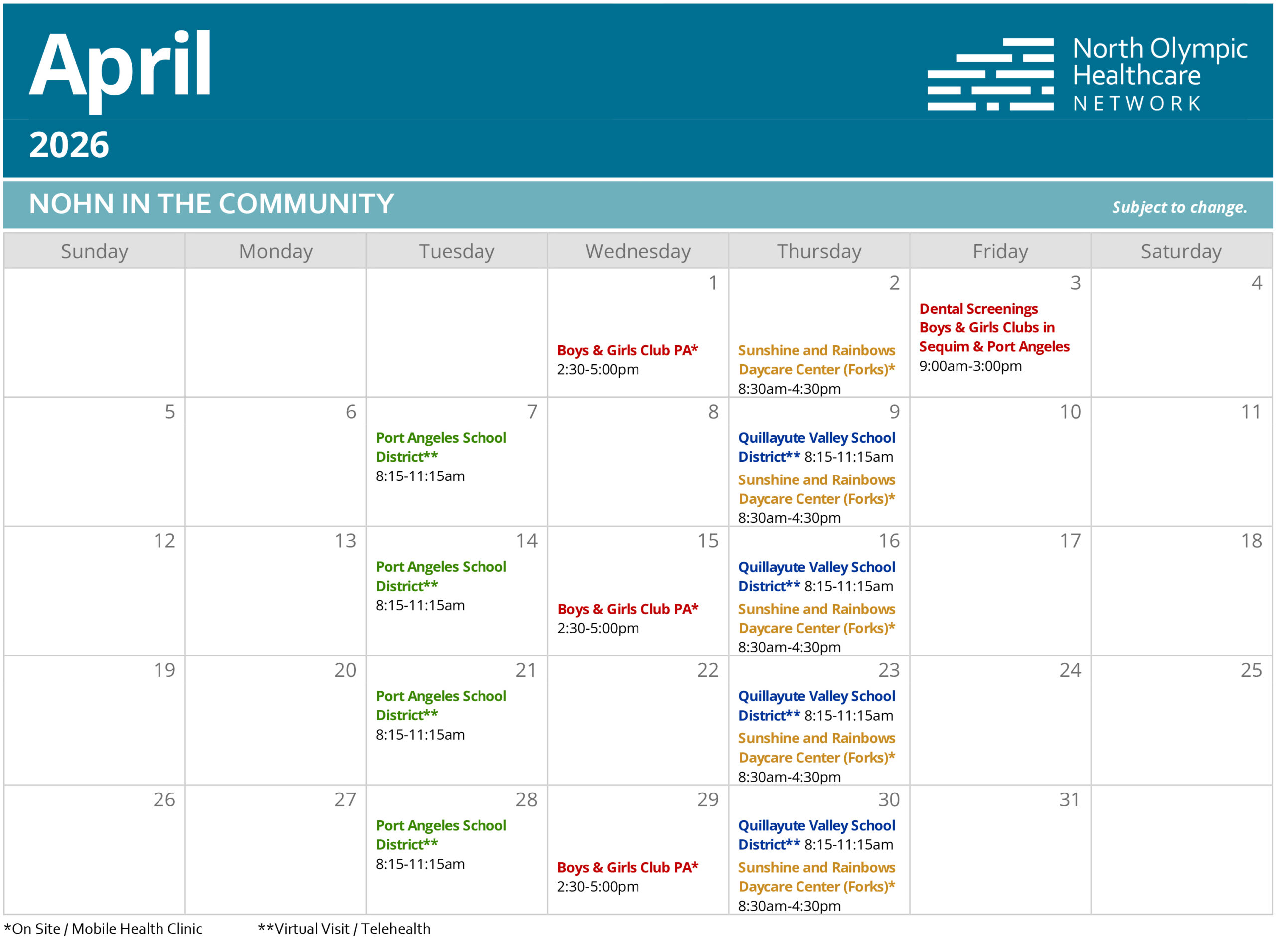Horario de la clínica móvil de salud - 26 de abril