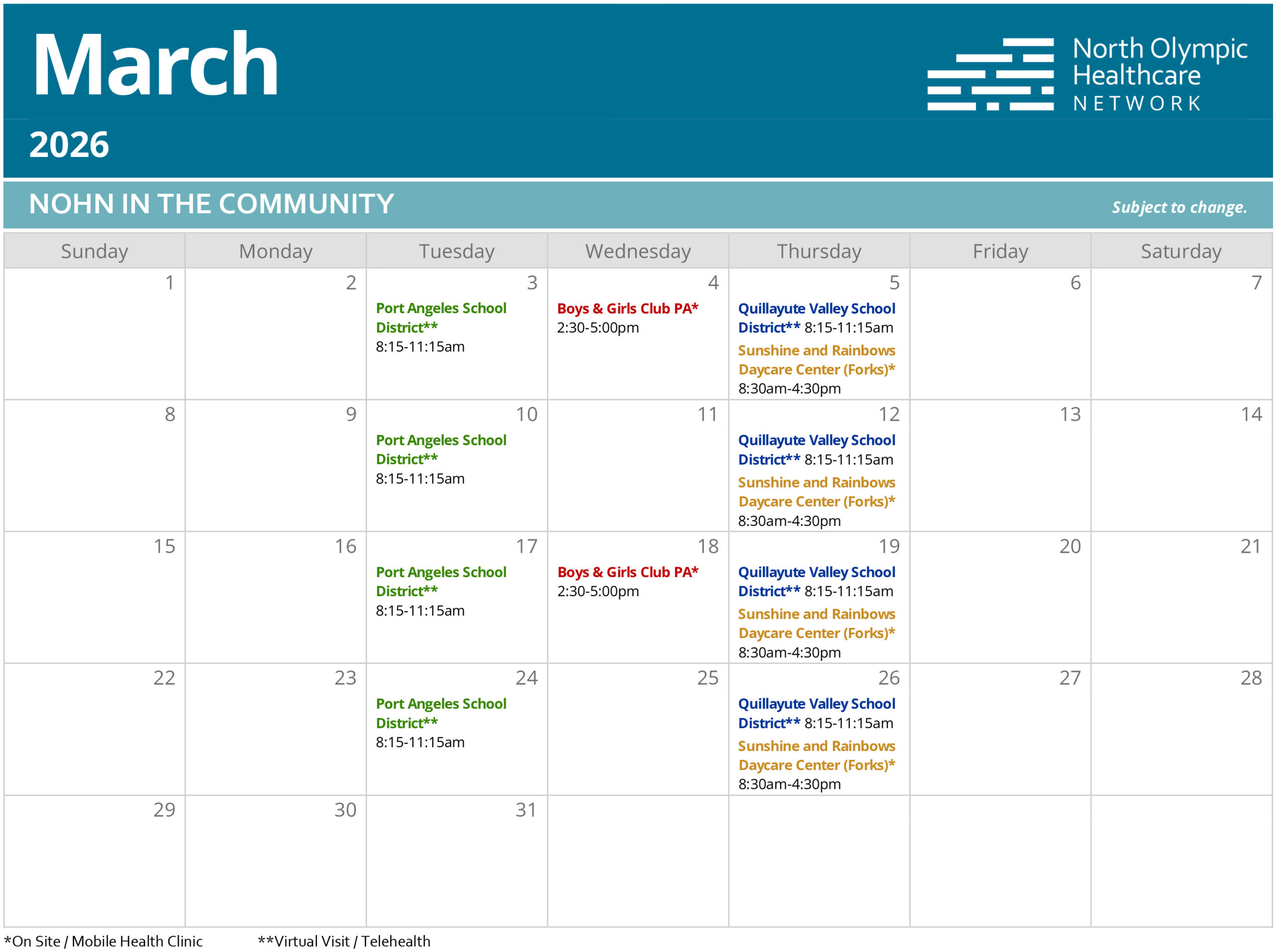 Horario de la clínica móvil de salud - 26 de marzo