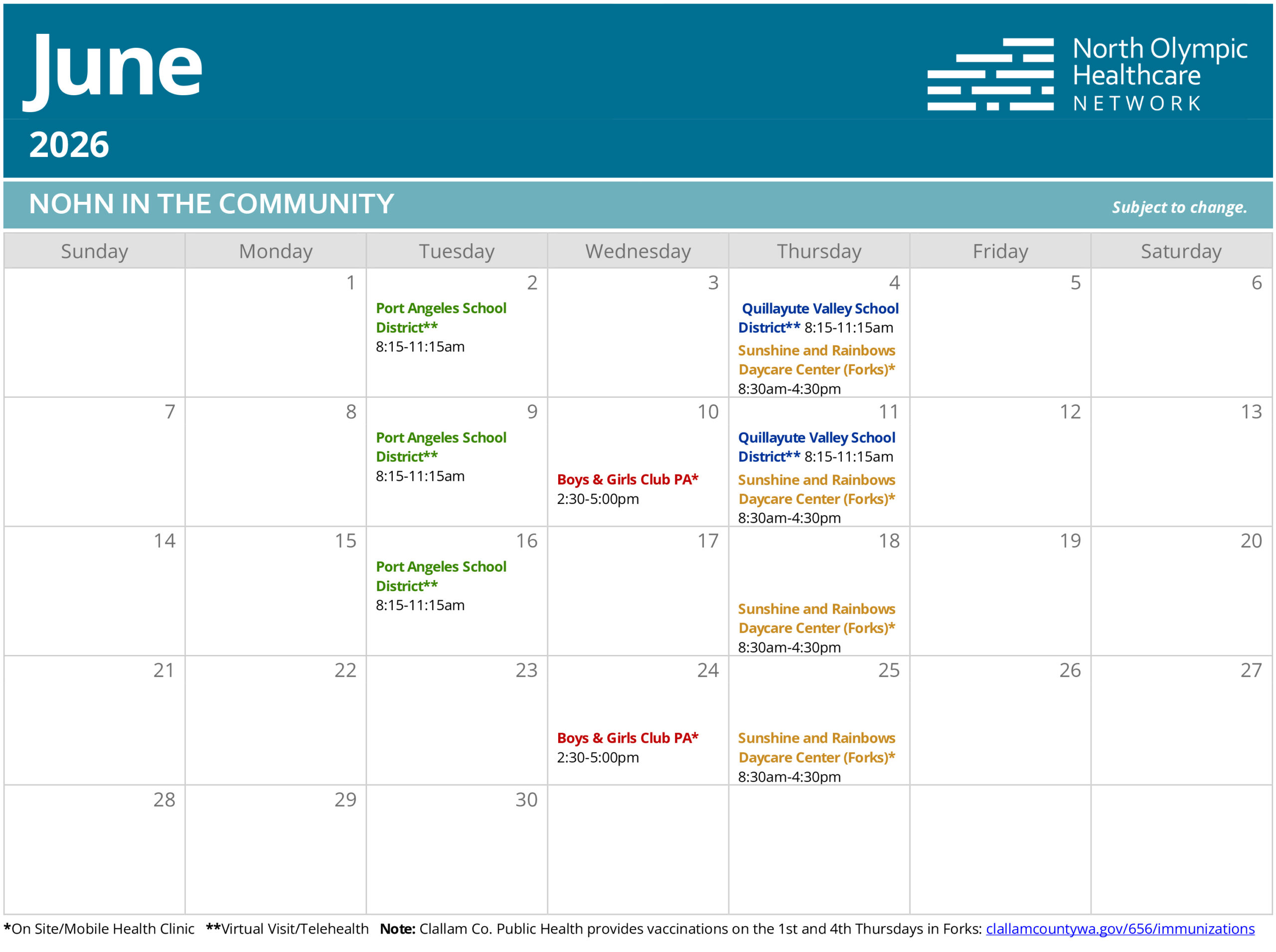 Calendar of Mobile Health Clinic and Community Access visits in June 2026.