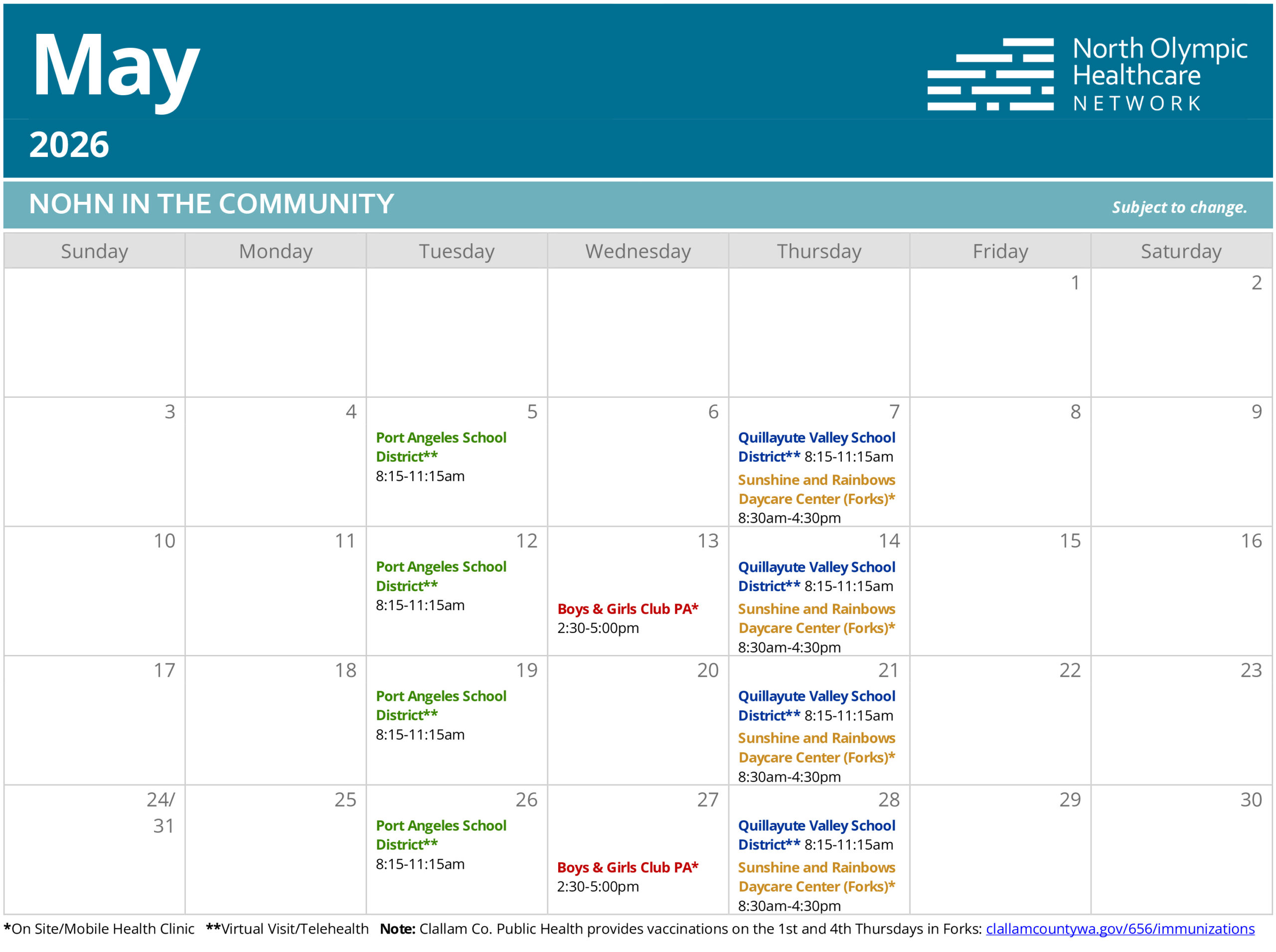 Calendar of Mobile Health Clinic and Community Access visits in May 2026.