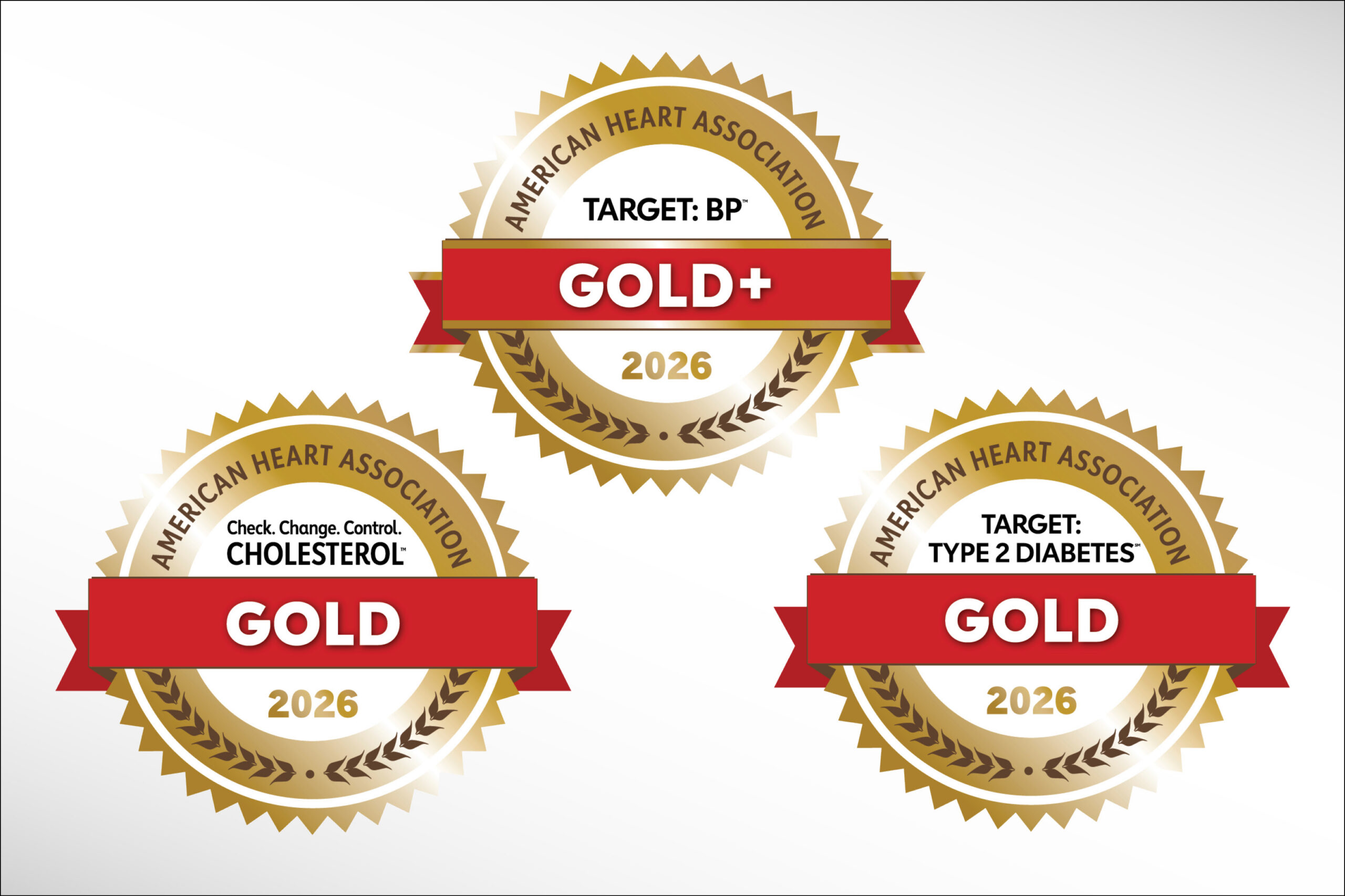 2026 American Heart Association award seals for cholesterol - gold (left), blood pressure - gold+ (middle/top), and diabetes - gold (right)